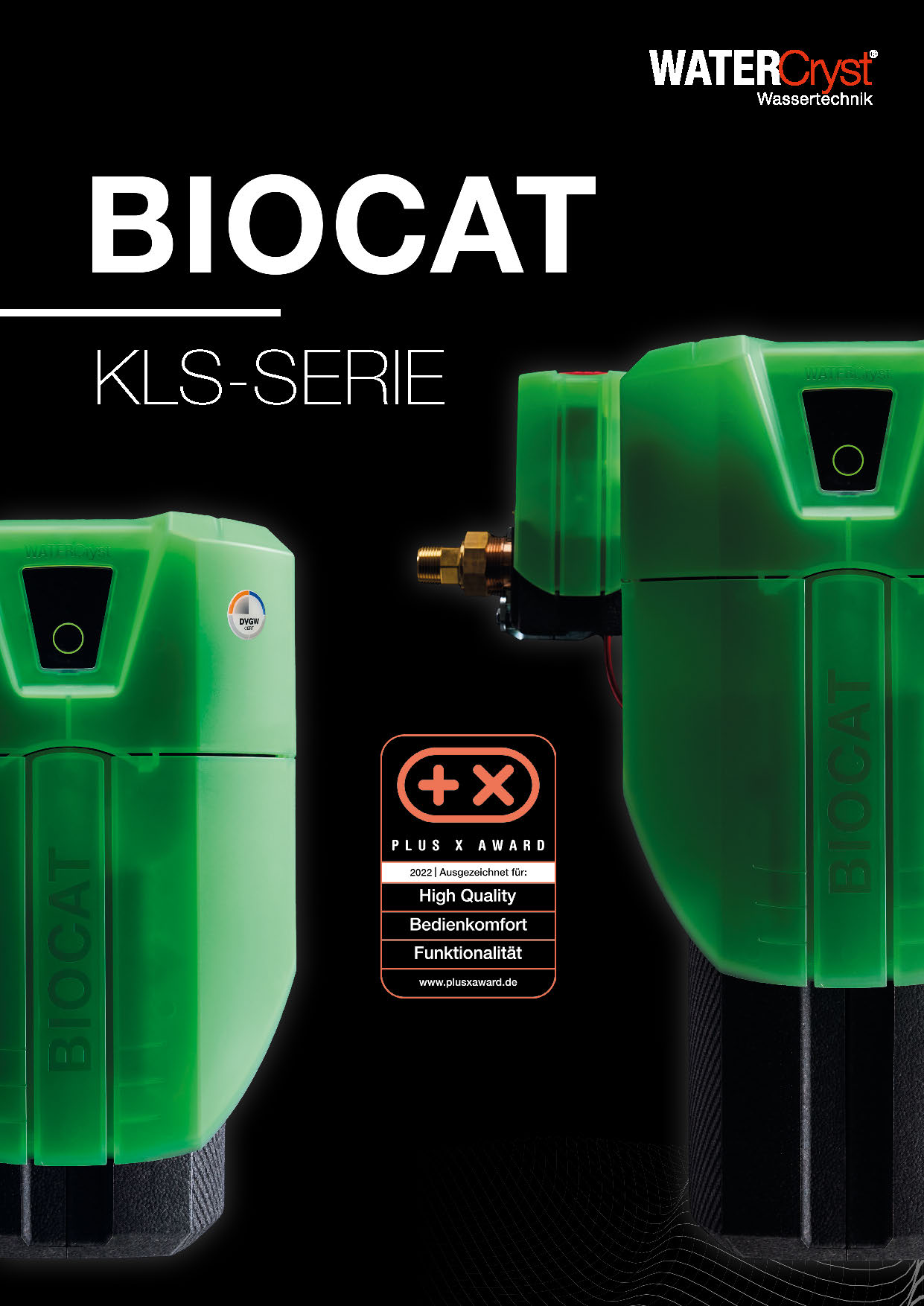 Werbeplakat für WATERcryst BIOCAT KLS-Serie mit zwei grünen Wassertechnik-Geräten und Plus X Award-Siegel