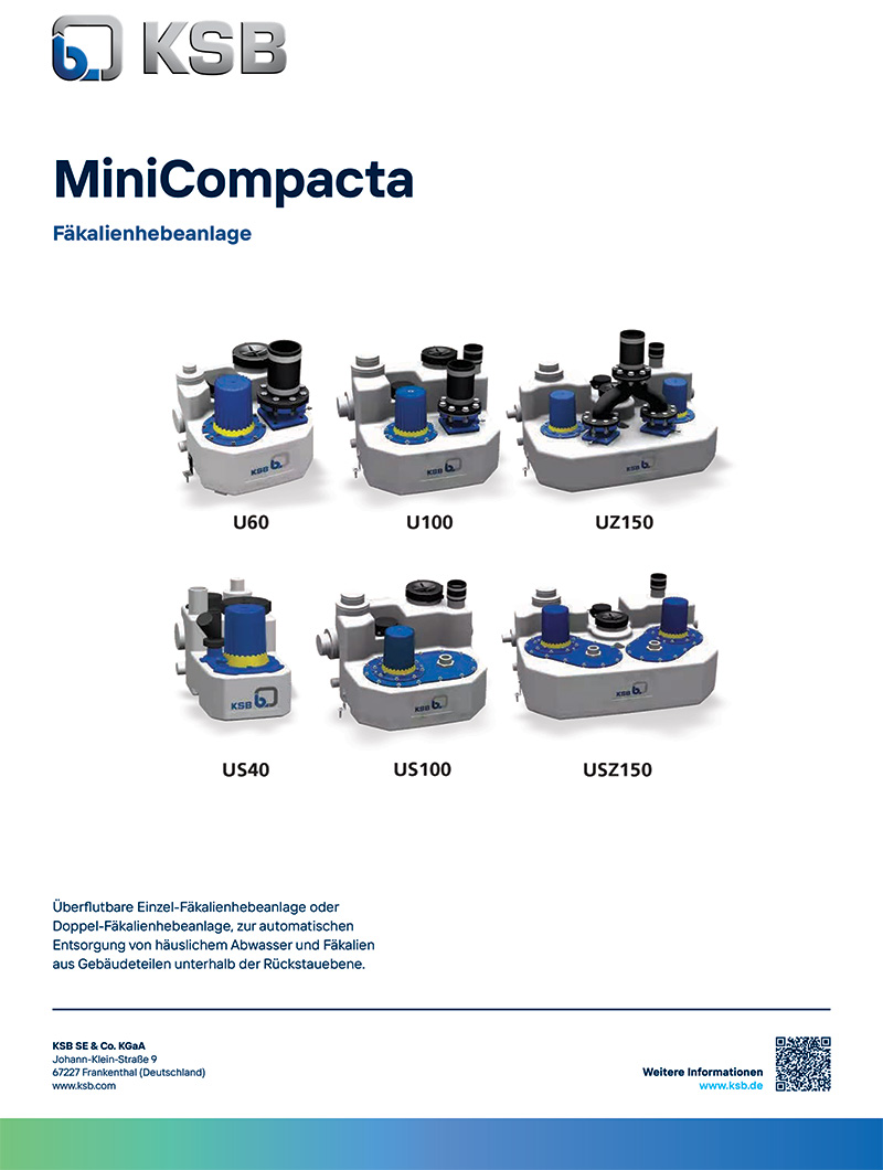 KSB MiniCompacta Fäkalienhebeanlage mit den Modellen U60, U100, UZ150, US40, US100 und USZ150