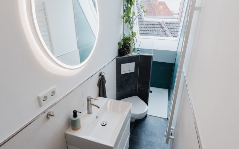 Schmales modernes Bad mit LED-Spiegel, Waschbecken, Toilette, Pflanzen und Dachfenster